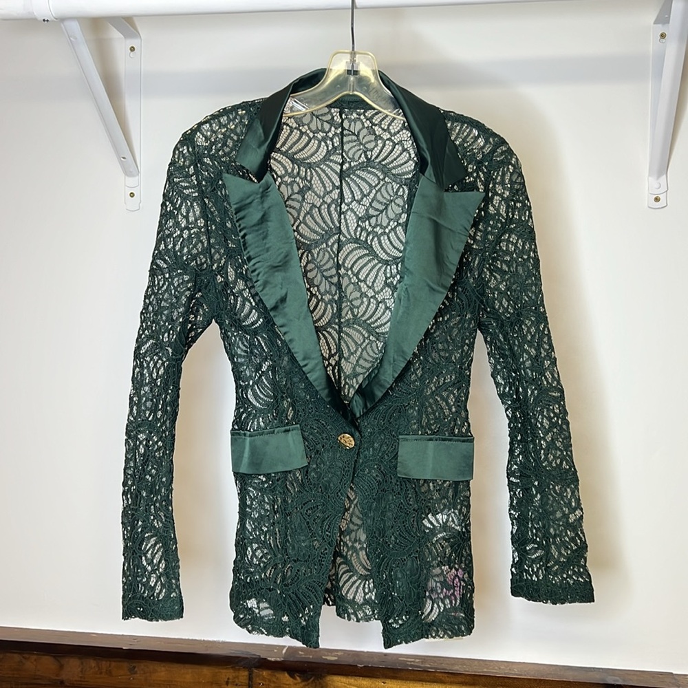 NWT Amazon WDIRARA Green Lace Mesh Holiday Elegant Jacket Blazer- Small